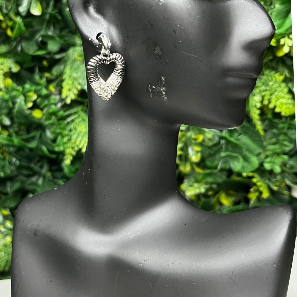 Heart Drop Earrings Silver Tone Textured Coiled Rhinestone Dangle 4122